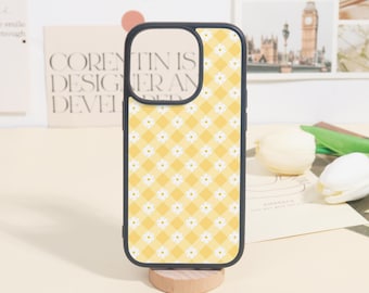 Yellow Daisy Plaid Pattern Style iPhone Case For 16/15/14/13/12 Pro/Plus/ProMax Series,Silicone Soft iPhone Case, Plastic Hard iPhone Case