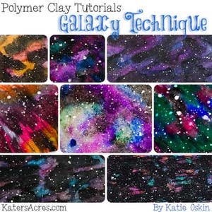 May include: A collage of polymer clay tutorials showcasing the galaxy technique. The samples feature vibrant colors like purple, pink, blue, and green, with white speckles to simulate stars. The text "Galaxy Technique" is displayed in blue script.