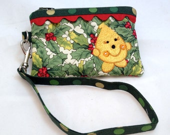 Christmas Parker Holly & Berries Wristlet - Quilted Embroidered in Red Green and Yellow