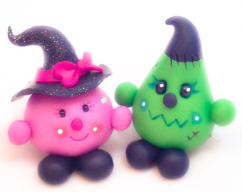 Halloween Parker & Lolly - Frankenstein and Witch Polymer Clay Figurines