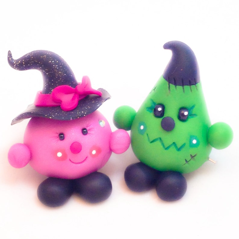 Halloween Parker & Lolly Frankenstein and Witch Polymer Clay Figurines image 1