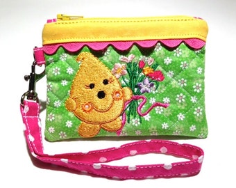 Flower Bouquet Parker Wristlet - Quilted Embroidered in Green Pink and Yellow