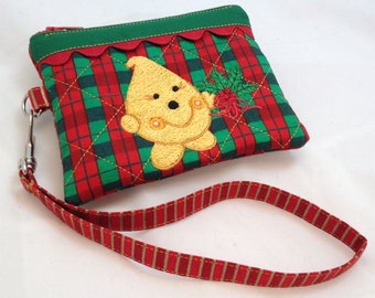 Christmas Parker Plaid Wristlet - Quilted Embroidered in Red Green and Yellow