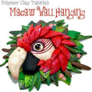 May include: A polymer clay wall hanging sculpture of a red macaw with green leaves and pink flowers. The macaw's eye is detailed with a black and white pattern.