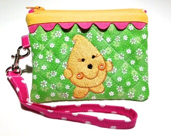 Original Parker Wristlet - Quilted Embroidered in Green Pink and Yellow