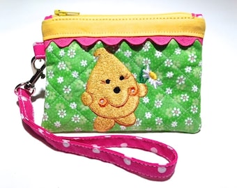 Daisy Parker Wristlet - Quilted Case Embroidered in Green Pink and Yellow
