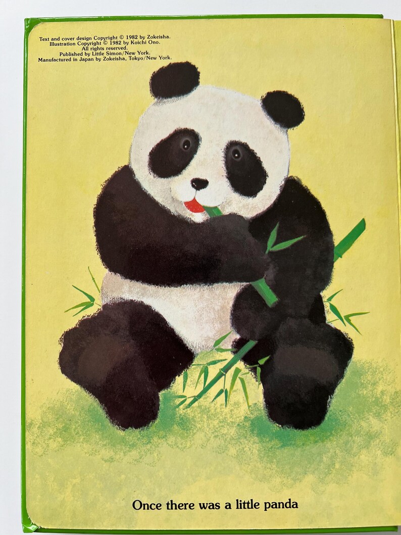 May include: A colourful illustration from a children's book, showing a panda bear with black and white fur, eating bamboo. The background is yellow-green, with the text "Once there was a little panda".