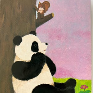 May include: A children's book illustration showing a panda bear seated on green grass with pink and yellow flowers. A brown squirrel perches on a tree branch above the panda against a purple and pink sky.