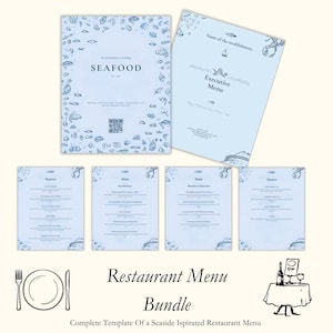 Pode incluir: Um modelo de menu de restaurante azul e branco com tema de frutos do mar. O modelo inclui uma página de capa, uma página de menu para entradas, uma página de menu para pratos principais e uma página de menu para sobremesas. O modelo é editável no Canva.