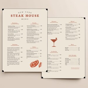 Pode incluir: Um menu para um restaurante de carne de Nova Iorque com fundo castanho e texto vermelho e branco. O menu inclui entradas, carnes, pratos principais, acompanhamentos, cocktails, vinho, cerveja e bebidas não alcoólicas. O menu também inclui uma imagem de um bife e uma taça de martini.