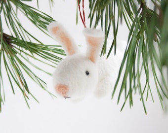 White needle felted Christmas bunny ornament