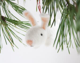 White needle felted Christmas bunny ornament