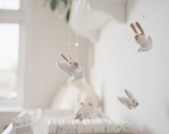 custom nursery mobile with an EXTRA white bunny - mobile room decoration - bunny mobile