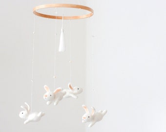 White mobile for baby room decor, bunny animal mobile, custom baby room gift