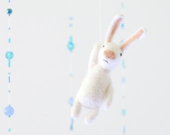 Baby mobile with an EXTRA bunny and blue ornaments - crib mobile - nursery mobile