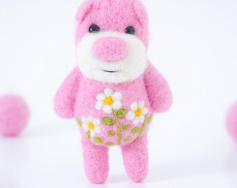 Oso de flores de fieltro con aguja: adorno de lana en miniatura, un regalo acogedor