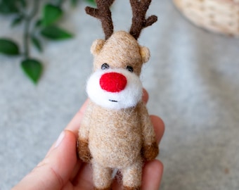 Broche de reno Rodolfo de fieltro - Pin de reno navideño de fieltro con aguja