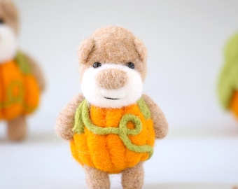 Felted Pumpkin Bear: Needle Felted Halloween Ornament