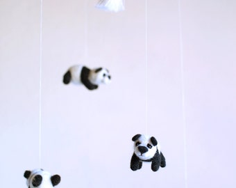 Panda mobile for a baby crib, black and white nursery decor