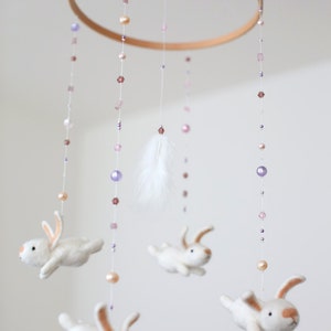 Baby mobile, pink nursery mobile, feather mobile with bunnies image 4