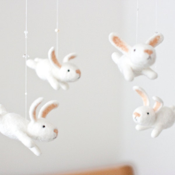 Baby mobile with white bunnies, nursery mobile, new mother gift