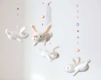 Baby mobile, pink nursery mobile, feather mobile with bunnies