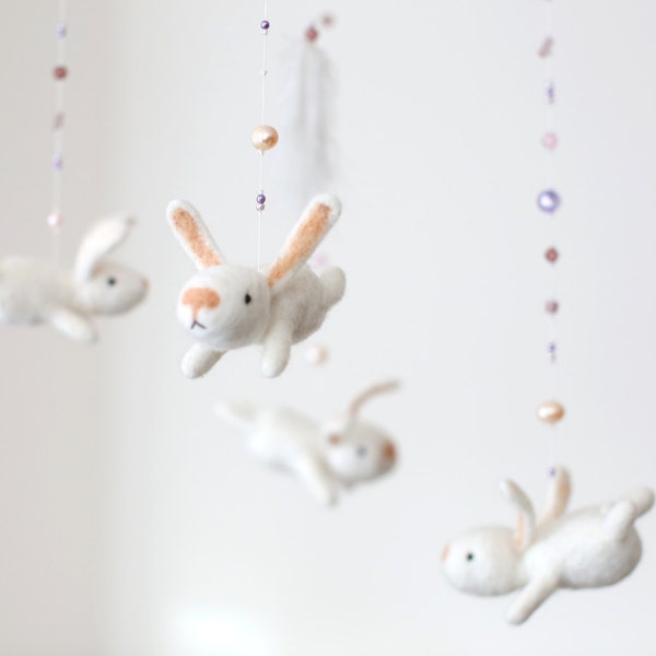 Baby mobile, pink nursery mobile, feather mobile with bunnies