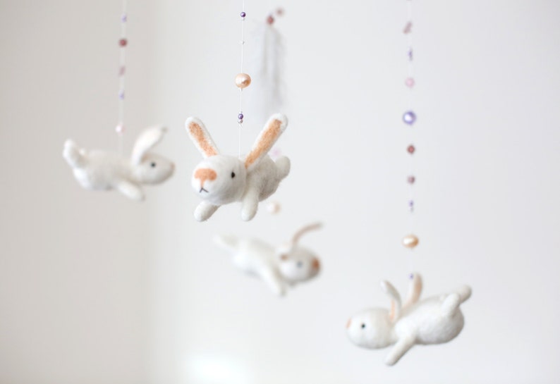 Baby mobile, pink nursery mobile, feather mobile with bunnies image 1