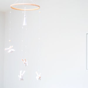White Bunny Baby Mobile: Felted Bunnies, Minimalist Nursery Decor