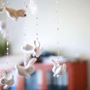 Baby mobile, pink nursery mobile, feather mobile with bunnies image 5