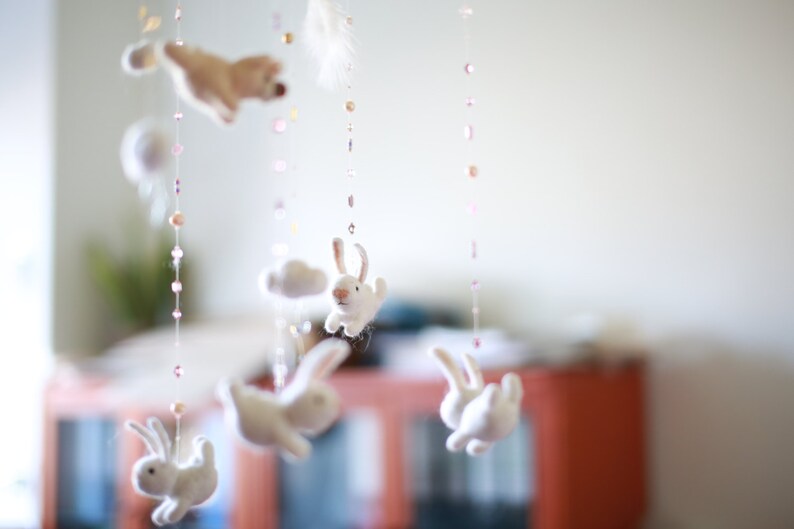 Baby mobile, pink nursery mobile, feather mobile with bunnies image 5