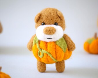Felted Pumpkin Bear ornament, Halloween Pumpkin figurine