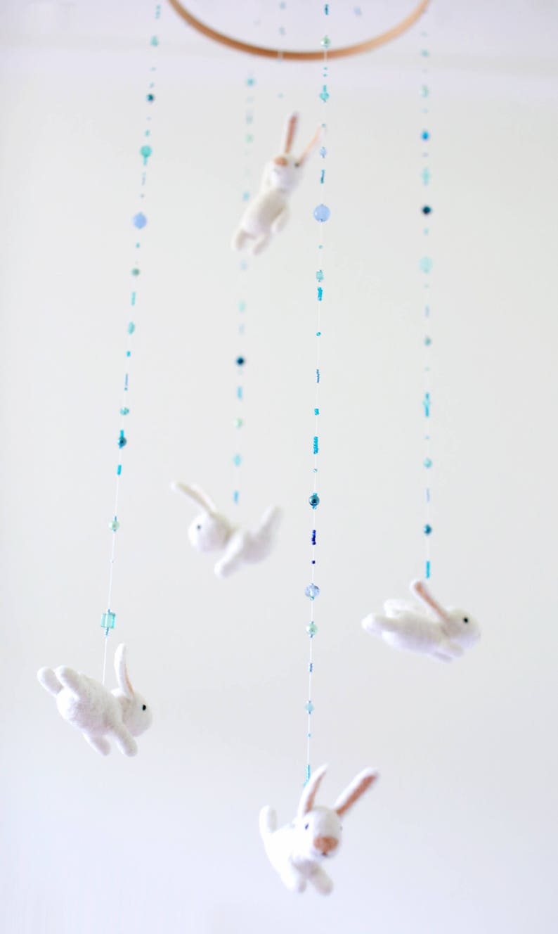 Baby mobile with an EXTRA bunny and blue ornaments crib mobile nursery mobile image 8