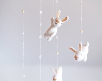 custom nursery mobile with an EXTRA white bunny - mobile room decoration - bunny mobile