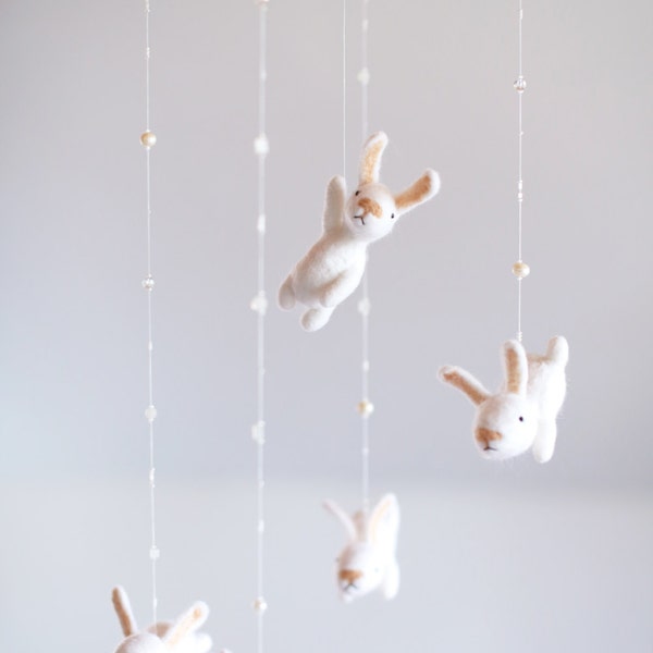 custom nursery mobile with an EXTRA white bunny - mobile room decoration - bunny mobile