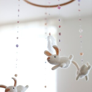 Baby mobile, pink nursery mobile, feather mobile with bunnies image 3