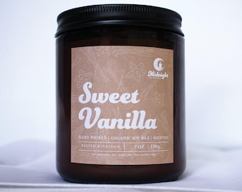 Sweet Vanilla Candle: 7 oz Organic Soy Wax, Hand Poured