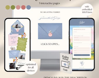 Wedding Website Template with RSVP, Pink Green Blue Spring Summer Wildflower, Digital Invitation (Canva Template)