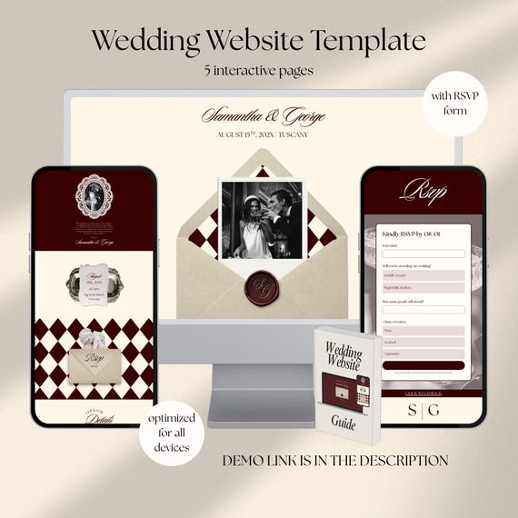 Old Money Burgundy Wedding Website Template, Classic Timeless Elegant Wedding, RSVP Website, Save The Date (Canva Template)