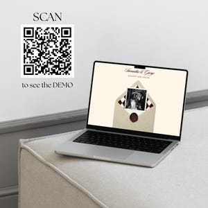 May include: A laptop screen shows a wedding invitation design featuring a photo within an envelope. The design includes the names "Samantha & George" and the date. A QR code and the text "SCAN to see the DEMO" are on the wall.