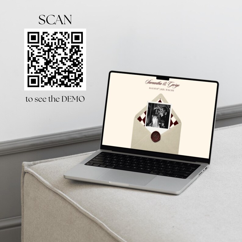 May include: A laptop screen shows a wedding invitation design featuring a photo within an envelope. The design includes the names "Samantha & George" and the date. A QR code and the text "SCAN to see the DEMO" are on the wall.