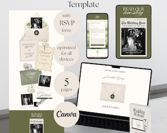 Ivory & Sage Green Wedding Website Template with RSVP, Old Money Aesthetic (Editable Canva Design)