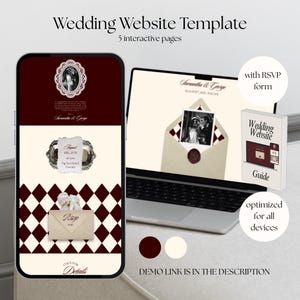May include: A wedding website template shown on a smartphone and laptop. The design uses a burgundy and cream colour scheme with decorative elements. The website includes an RSVP form and is optimised for all devices. The text reads "Wedding Website Template" and "5 interactive pages."