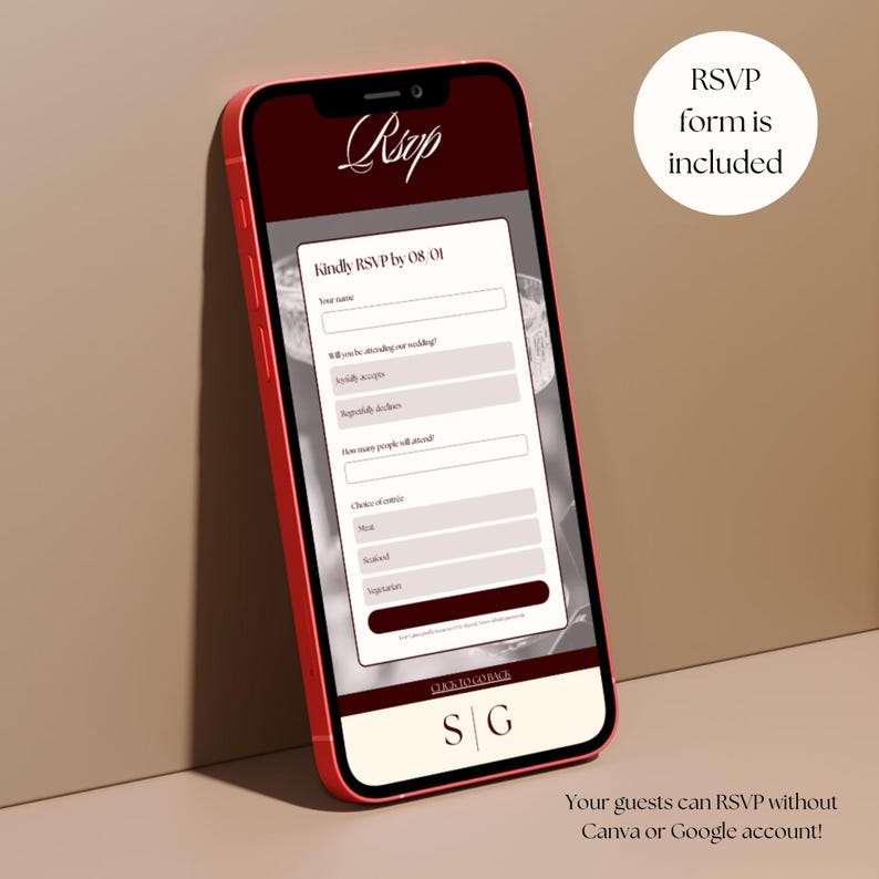 May include: A red smartphone shows a digital RSVP form with fields for name, attendance, and meal choices. The screen features the word "RSVP" in elegant script. Text on the screen reads "Kindly RSVP by 08.01". A white circle states "RSVP form is included".