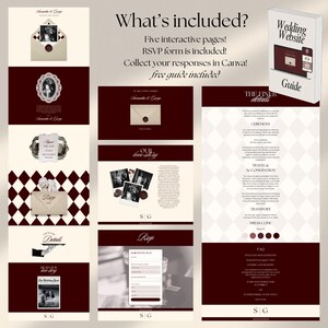 May include: A wedding website guide and sample pages in burgundy and cream. The design includes interactive pages, an RSVP form, and a free guide. The text includes "What's included?" and "The Finer Details."