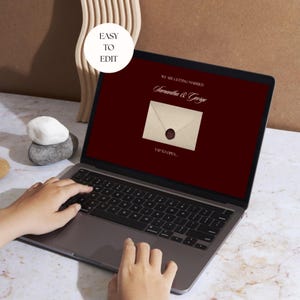 May include: A laptop screen showing a wedding invitation design with the text "We are getting married" and the names "Samantha & George." The invitation features an envelope graphic with a wax seal. The laptop screen is a deep red colour. The words "Easy to Edit" are in a white circle.