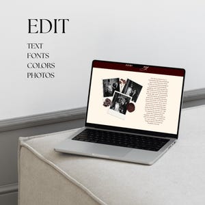 May include: A silver laptop showing a webpage with a burgundy border. The screen displays a layout with black and white photos, a rose, and text. The word "EDIT" is visible in black text on the wall to the left, along with other text.