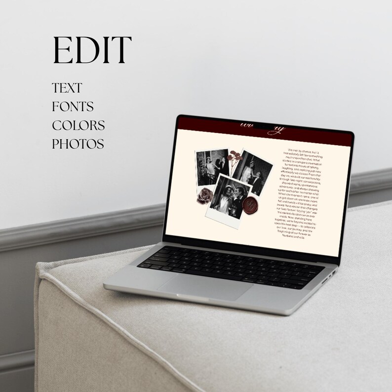 May include: A silver laptop showing a webpage with a burgundy border. The screen displays a layout with black and white photos, a rose, and text. The word "EDIT" is visible in black text on the wall to the left, along with other text.