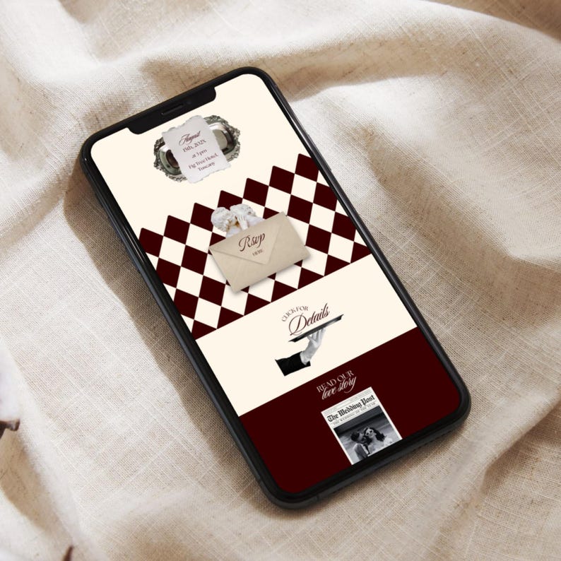 May include: A smartphone screen shows a wedding invitation design. The design includes a torn paper with text, a chequered pattern, an envelope with "RSVP", and a newspaper clipping. The colour scheme features cream, burgundy, and black.