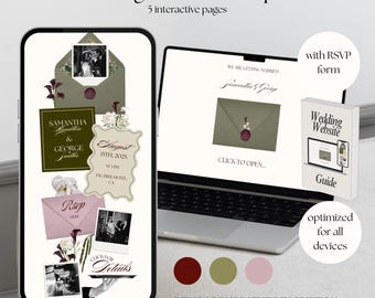 Wedding Website Template with RSVP, Old Money Aesthetic, Pink, Burgundy & Olive Green, Elegant Floral Canva Template
